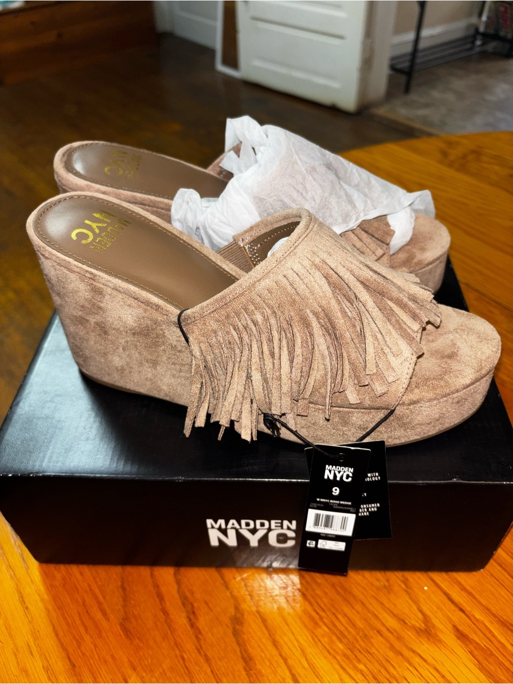 NWT Madden NYC Taupe Fringe Boho Wedges - Picture 2 of 5